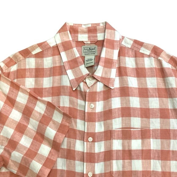 L.L. Bean Other - LL Bean Shirt Mens Tall XLT Linen Short Sleeve Slightly Fitted Salmon Pink Plaid